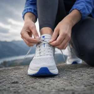 Primer plano de una persona atándose los cordones de unas zapatillas deportivas antes de entrenar en el exterior, representando los programas de ejercicio físico, planes de entrenamiento y fomento de la actividad diaria en el entorno laboral a través de la plataforma SaaS.