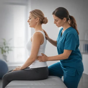 Una fisioterapeuta con uniforme azul evalúa y corrige la postura de la espalda de una empleada sentada en una camilla, ilustrando los servicios corporativos de fisioterapia presencial o híbrida para el tratamiento y prevención de lesiones musculares.