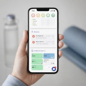 Captura de pantalla de la interfaz de una aplicación móvil de salud en un teléfono, mostrando el seguimiento de hábitos saludables como estrés, nutrición, sueño y ejercicio, junto con avisos de chequeo médico y variables clínicas como IMC, glucosa y colesterol para la gestión integral del bienestar del empleado.