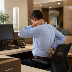 Empleado de oficina sentado frente a su escritorio con dolor de cuello y espalda baja, ilustrando la necesidad de programas de fisioterapia laboral y ergonomía B2B.