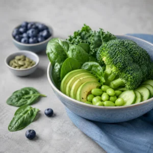 Un bol de ensalada verde con brócoli, aguacate, pepino y espinacas junto a recipientes con arándanos y semillas, representando servicios corporativos de nutrición y planes de alimentación saludable para mejorar el rendimiento y la salud integral del empleado.