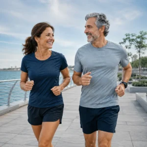 Una pareja de mediana edad corre sonriente por un paseo marítimo, ilustrando programas de bienestar corporativo y salud preventiva diseñados para empleados mayores de 47 años con el fin de mitigar riesgos crónicos y mejorar su condición física.