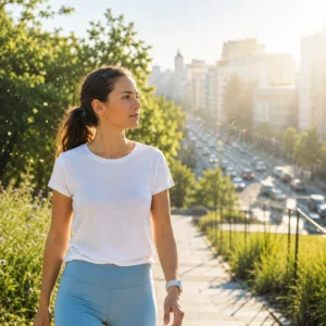 Una mujer camina de mañana por un parque urbano con ropa deportiva y un reloj inteligente, representando la prevención de riesgos laborales, la mejora activa de las condiciones de salud y el fomento de hábitos de vida saludables en el entorno corporativo.