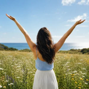 Vista trasera de una mujer con los brazos abiertos en un campo de flores silvestres frente al mar, simbolizando la salud mental, el bienestar mental y la felicidad del empleado gracias a una cultura corporativa equilibrada.