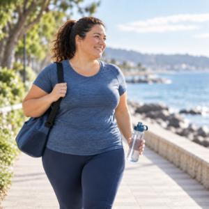 Mujer sonriente de constitución fuerte caminando por un paseo marítimo con ropa deportiva, botella de agua y bolsa de gimnasio, representando un programa de salud corporativa para el control de peso.